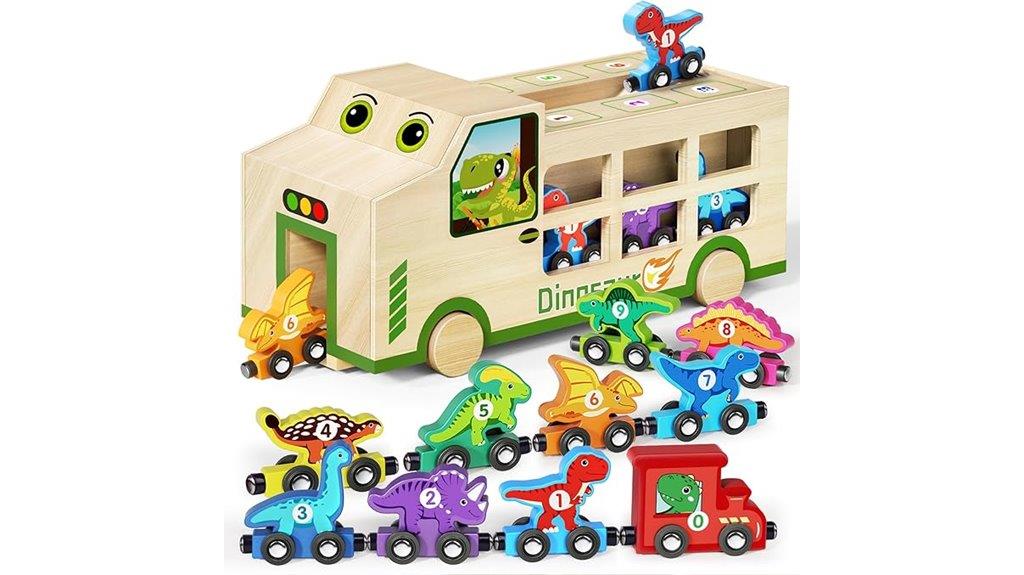 wooden dinosaur truck set
